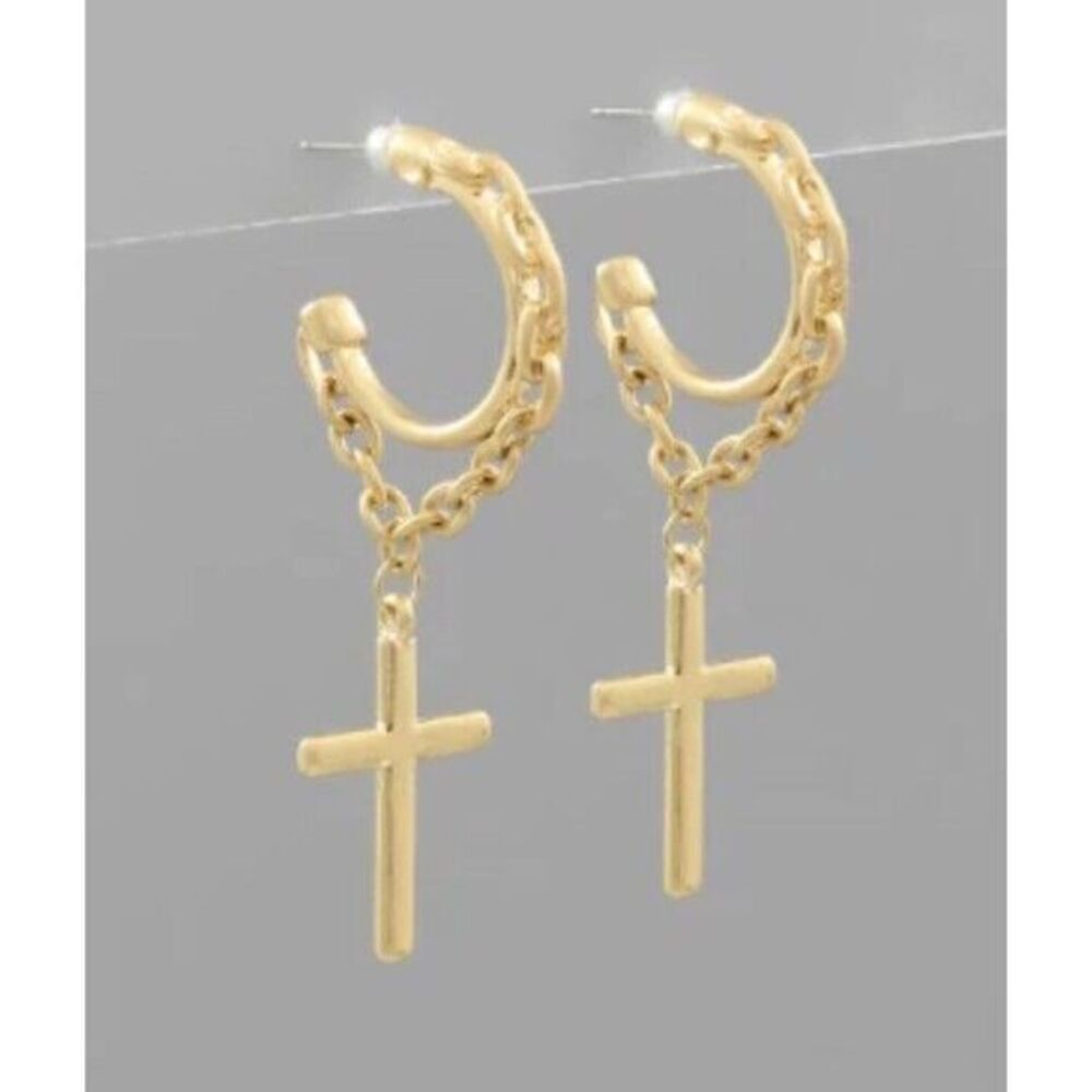 Pamina Women's Post Back Chainlink‎ Gold Hoop Earrings with Cross Dangle New